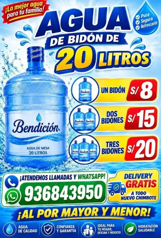 Agua de mesa Bendición en bidón de 20 litros, delivery gratis en Nuevo Chimbote, pagos con Yape y Plin