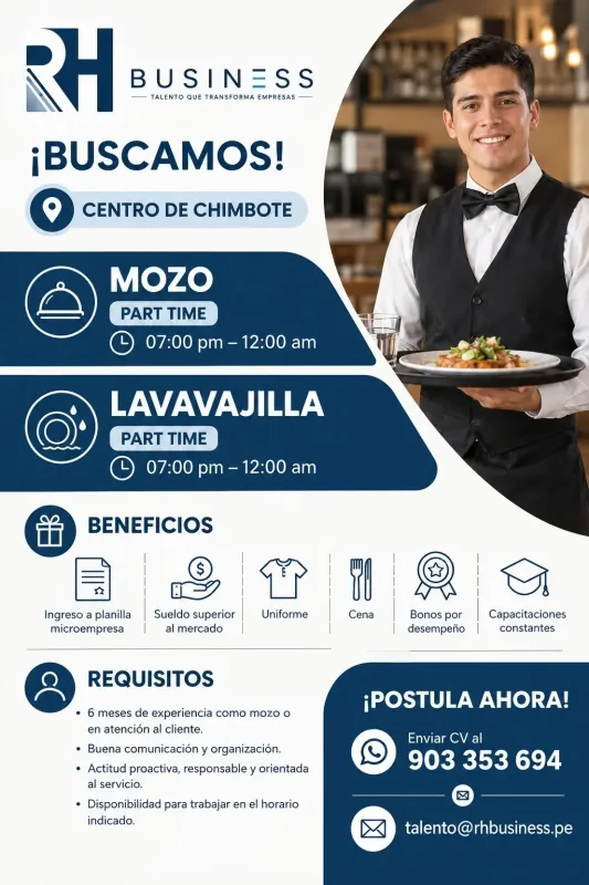 Vacantes part time: mozo y lavavajilla — Centro de Chimbote