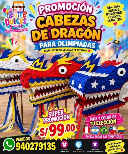Arcos de globos, cabezas de dragón, aros y carros alegóricos para las olimpiadas escolares, hechos por Entre Dulces y más en Chimbote