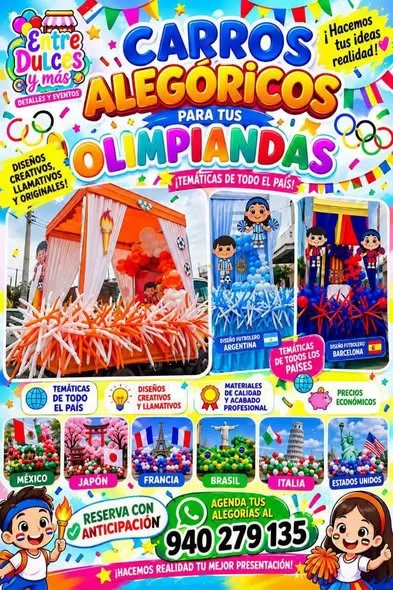 Arcos de globos, cabezas de dragón, aros y carros alegóricos para las olimpiadas escolares, hechos por Entre Dulces y más en Chimbote