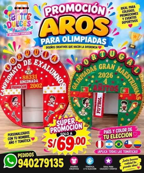 Arcos de globos, cabezas de dragón, aros y carros alegóricos para las olimpiadas escolares, hechos por Entre Dulces y más en Chimbote