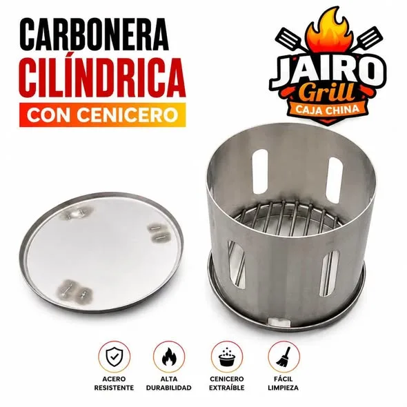 Jairo Grill caja china: cilindro mediano, cilindro grande, carbonera cilíndrica con cenicero y accesorios colgador, rejilla barra y parrilla ángulos