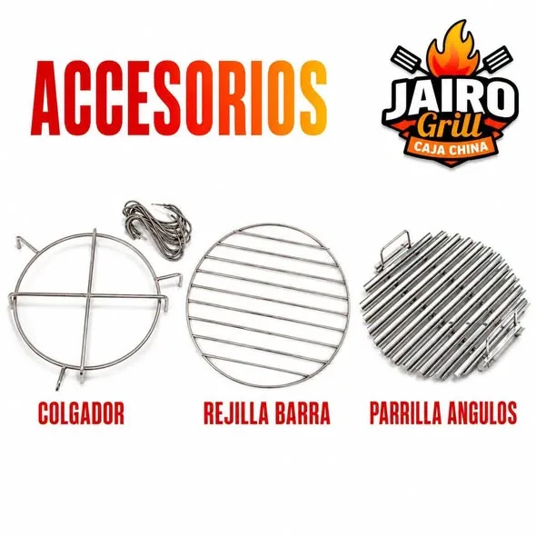Jairo Grill caja china: cilindro mediano, cilindro grande, carbonera cilíndrica con cenicero y accesorios colgador, rejilla barra y parrilla ángulos