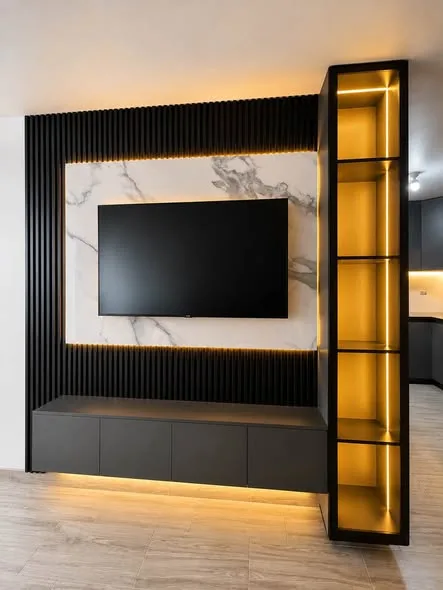 Muebles de melamina a medida en Chimbote: comoda blanca con cajones, mesa de reuniones, mueble de TV con repisas iluminadas y montaje de oficinas