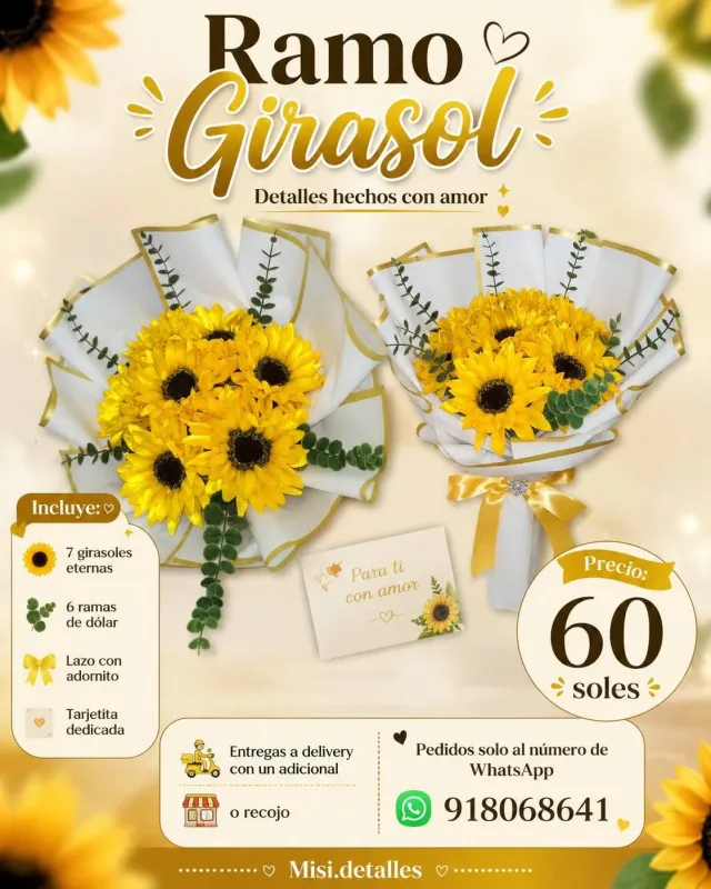 Ramos de flores eternas, girasoles y detalles con chocolates de Misi Detalles en Chimbote