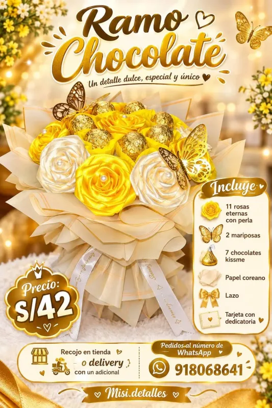 Ramos de flores eternas, girasoles y detalles con chocolates de Misi Detalles en Chimbote