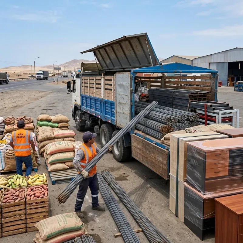 Transporte de producción local: acero, muebles y granos