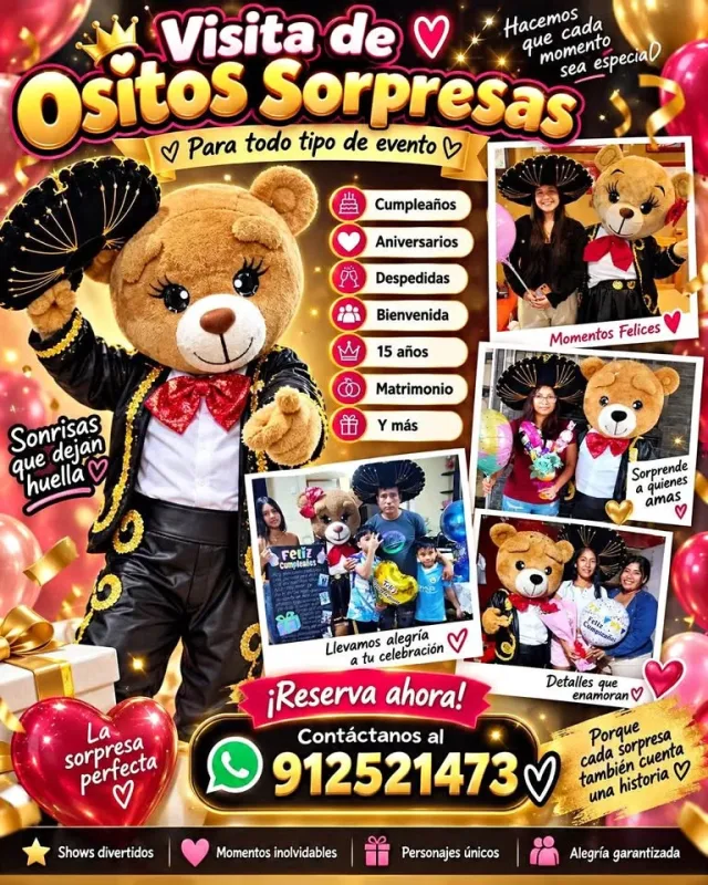 Visita de osito sorpresa con letrero personalizado, globos y confeti para cumpleaños, aniversarios y 15 años en Chimbote