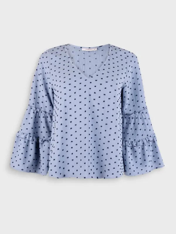 Blusa de seda sintética con escote en V y mangas abullonadas
