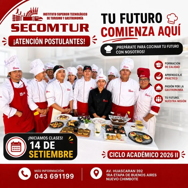 Instituto SECOMTUR de gastronomía en Nuevo Chimbote: clases de cocina, repostería y titulación