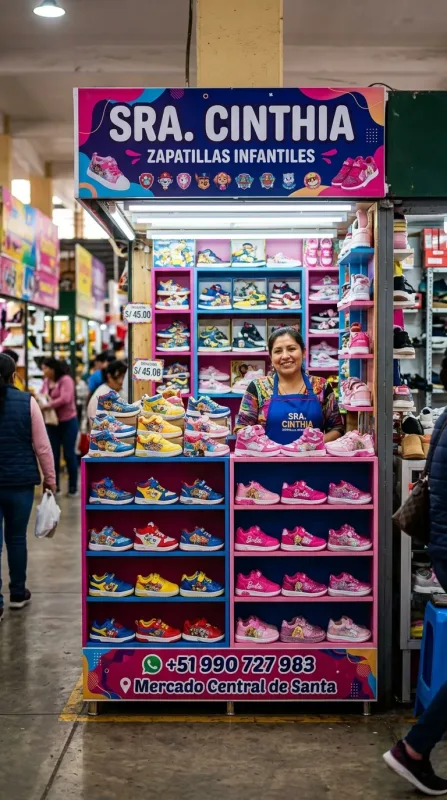 Sra. Cinthia: zapatillas, sandalias y botas, disfraces para el colegio, polos de olimpiadas, mochilas escolares y calendarios en el Mercado Central de Santa (WhatsApp 990 727 983)