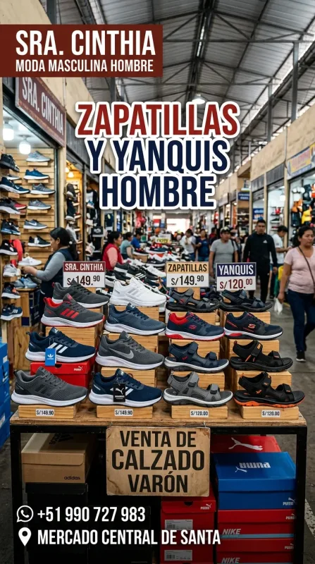 Sra. Cinthia: zapatillas, sandalias y botas, disfraces para el colegio, polos de olimpiadas, mochilas escolares y calendarios en el Mercado Central de Santa (WhatsApp 990 727 983)