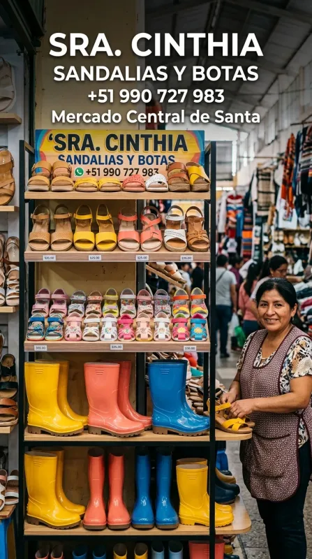 Sra. Cinthia: zapatillas, sandalias y botas, disfraces para el colegio, polos de olimpiadas, mochilas escolares y calendarios en el Mercado Central de Santa (WhatsApp 990 727 983)