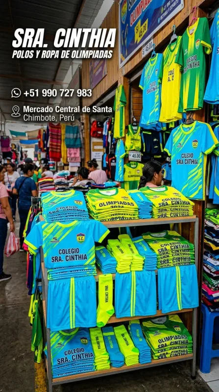 Sra. Cinthia: zapatillas, sandalias y botas, disfraces para el colegio, polos de olimpiadas, mochilas escolares y calendarios en el Mercado Central de Santa (WhatsApp 990 727 983)