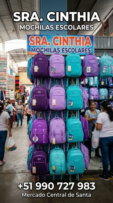 Sra. Cinthia: zapatillas, sandalias y botas, disfraces para el colegio, polos de olimpiadas, mochilas escolares y calendarios en el Mercado Central de Santa (WhatsApp 990 727 983)