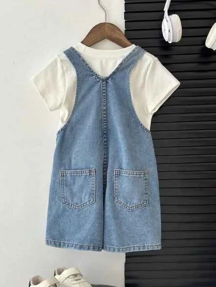 Enteritos, jardinera y conjuntos de jean para niños con polo blanco y gorra