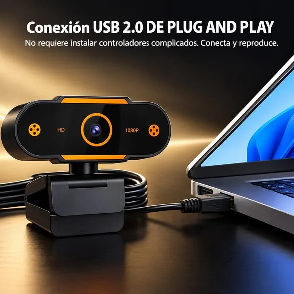 Webcam HD 1080P con micrófono incorporado, gran angular de 120°, enfoque automático y conexión USB 2.0 plug and play