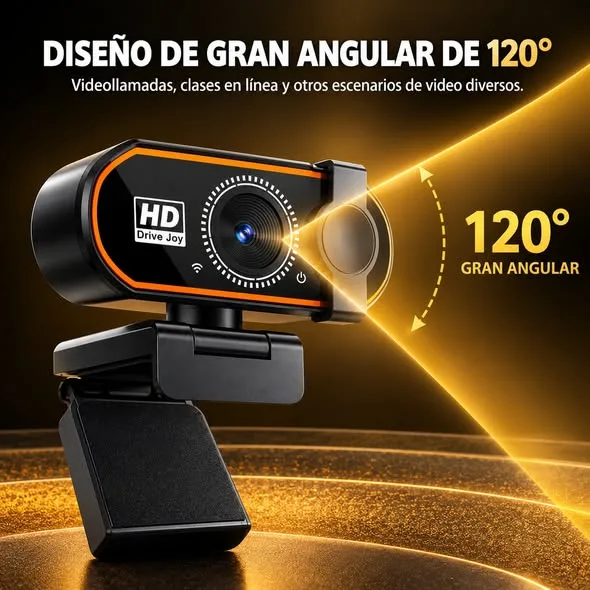 Webcam HD 1080P con micrófono incorporado, gran angular de 120°, enfoque automático y conexión USB 2.0 plug and play