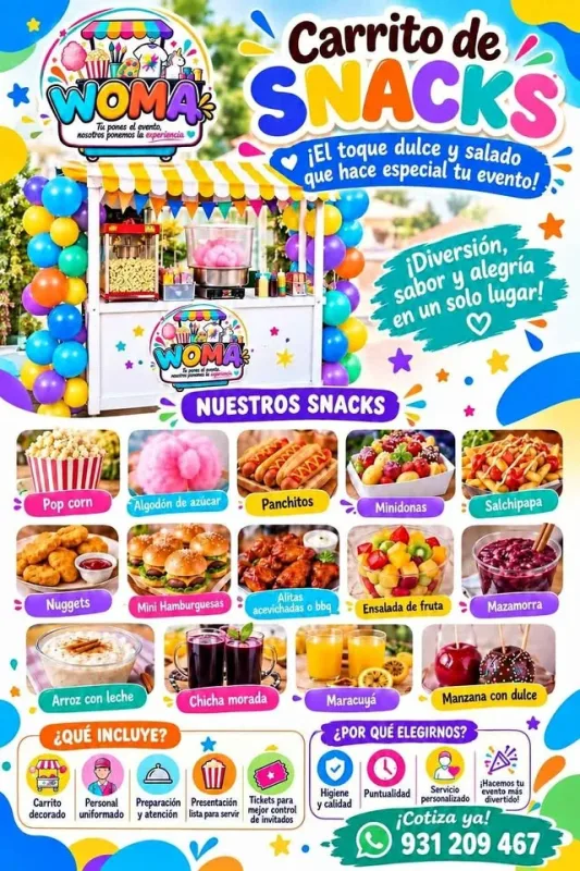 Taller de pintado de alcancías y carrito de snacks de WOMA para cumpleaños infantiles