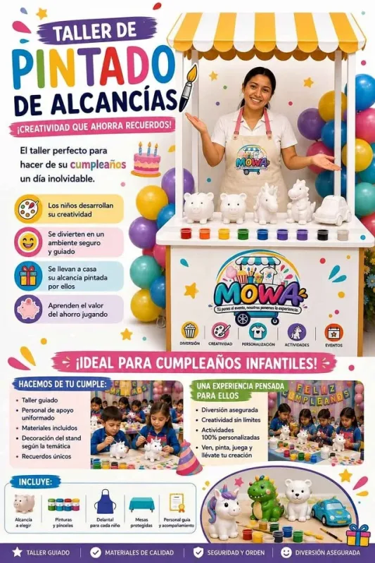 Taller de pintado de alcancías y carrito de snacks de WOMA para cumpleaños infantiles